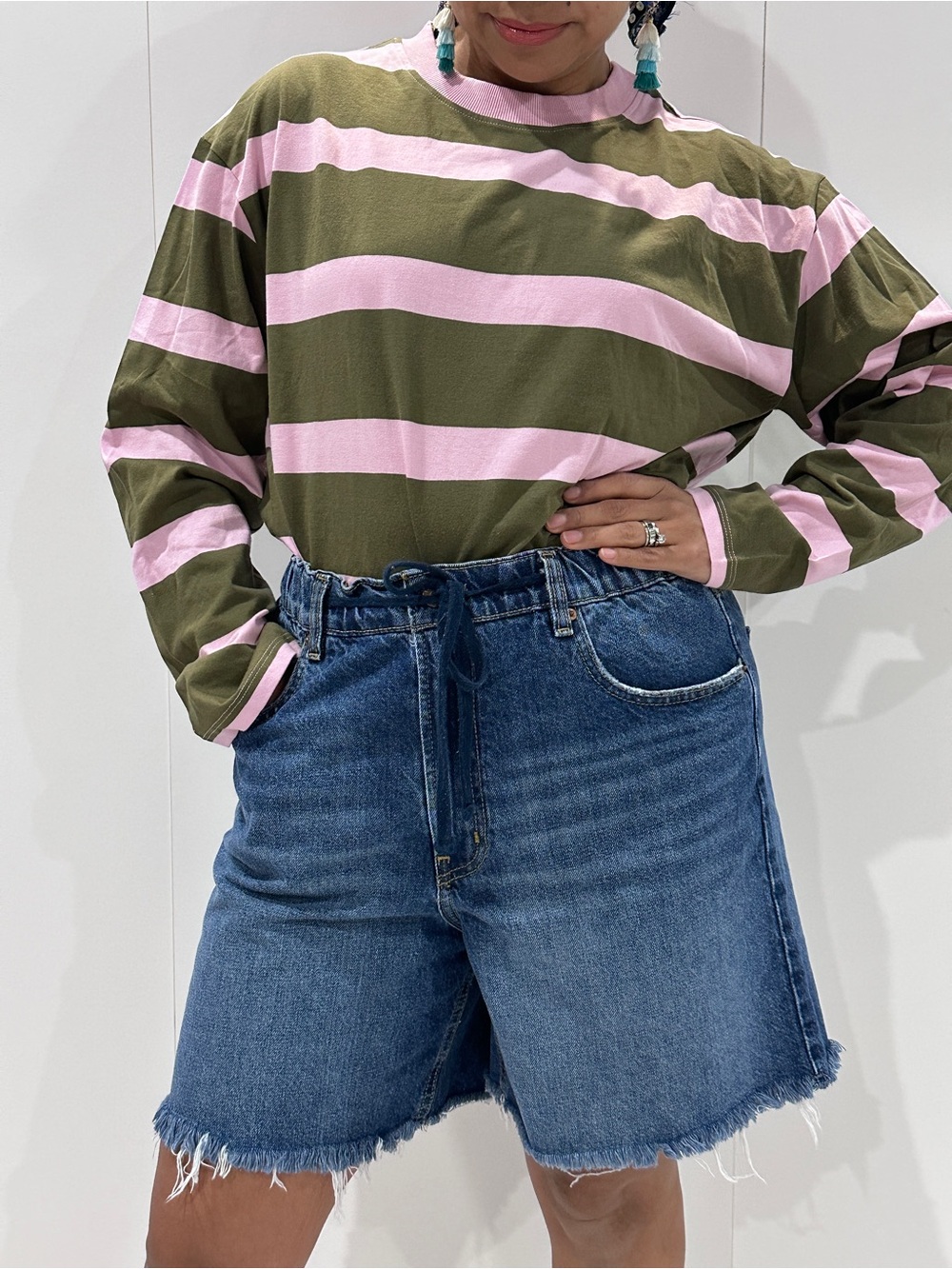 ASOS Pink and Olive Wide Stripe Long Sleeve Top